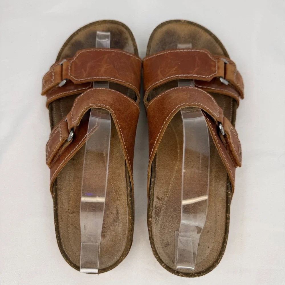 Clarks Leisa Vine Tan Brown Leather Slide Sandals Womens Size 9 M Comfort Cork